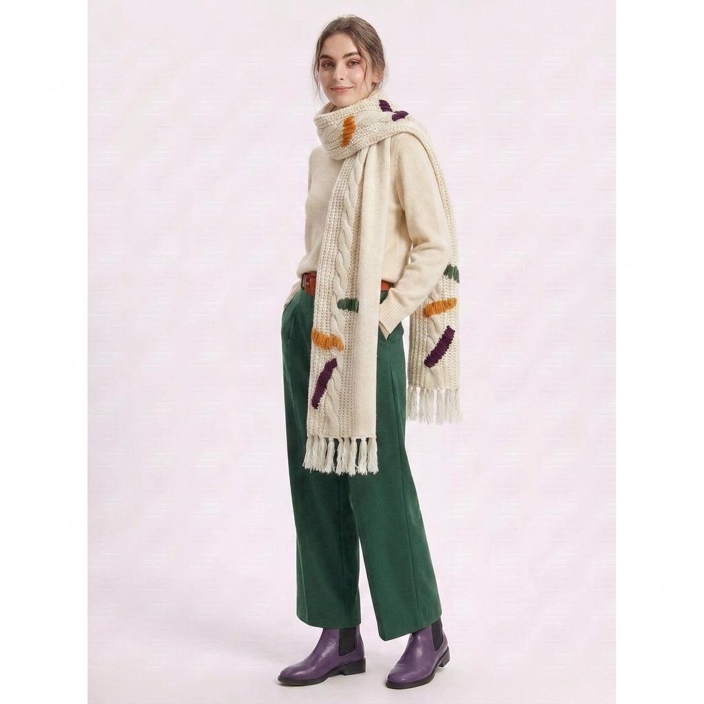 Literary and artistic color block jacquard knitted scarf women's autumn and winter new warm versatile wool scarf export