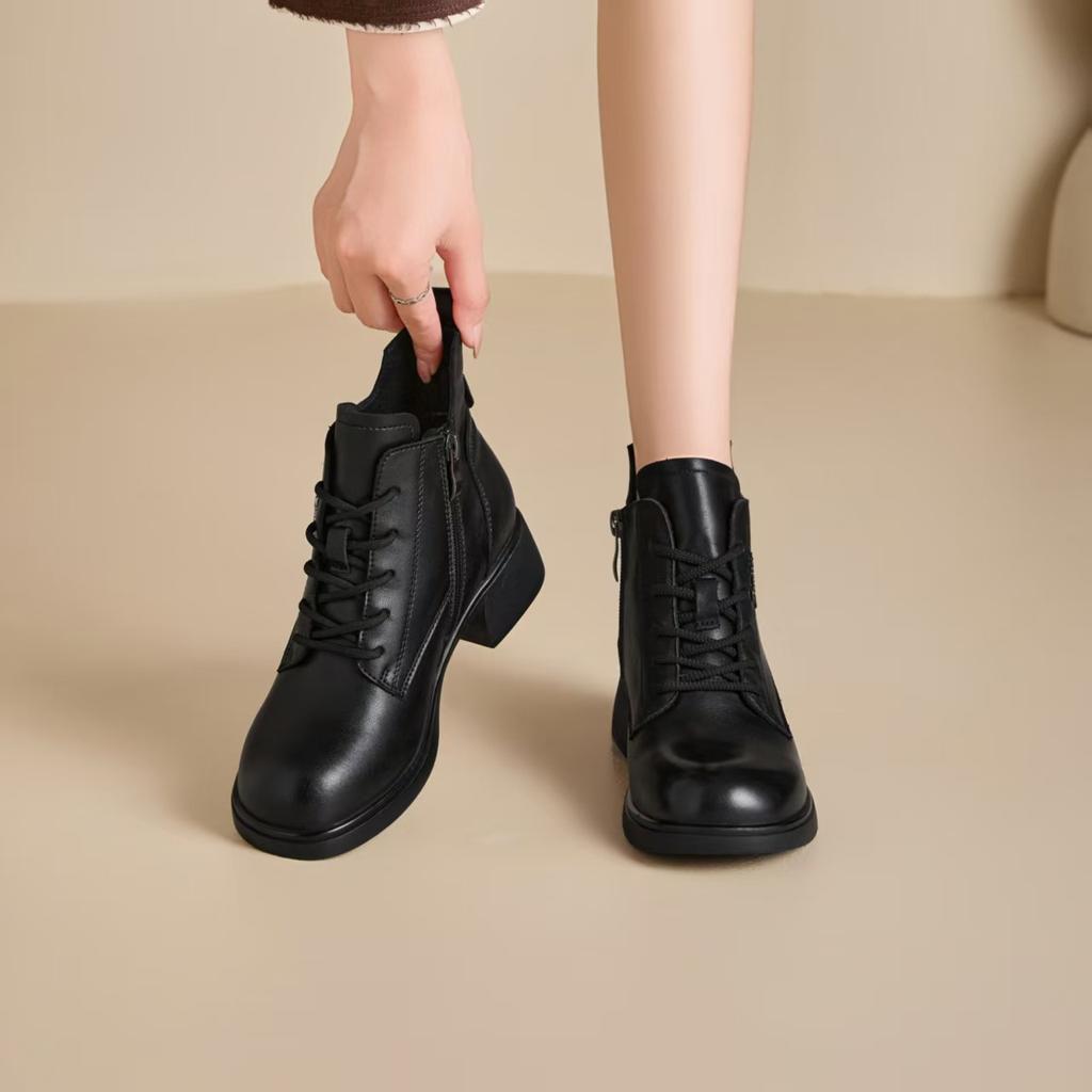 Leather Retro Martin Boots Women's British Style Round Head Thick Heel Short Boots 2025 Autumn and Winter New Height-increasing Boots