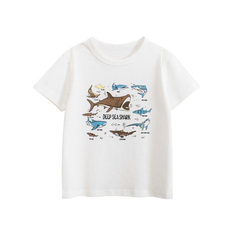 27Kids Children's Clothing Korean Style Kidsren's Round Neck Short-Sleeved T-Shirt Boys Shark Ocean Clothes Baby Boy Pure Cotton Top