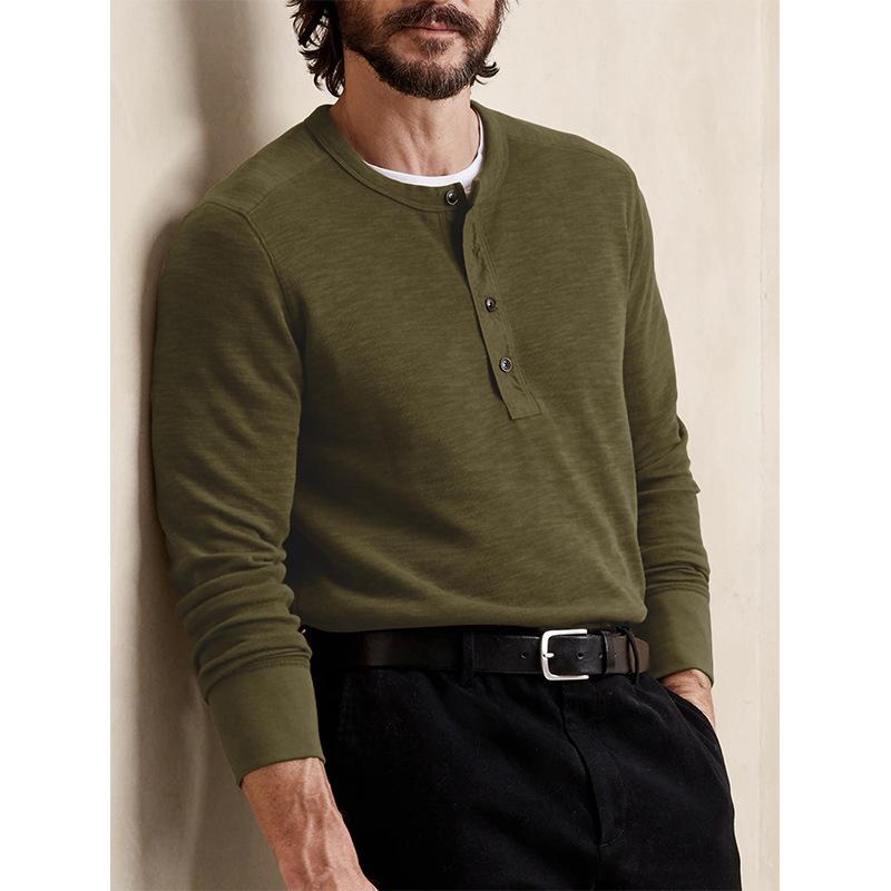 Mens Long Sleeve Crew Neck Fitted Casual Solid Henley T Shirt Top
