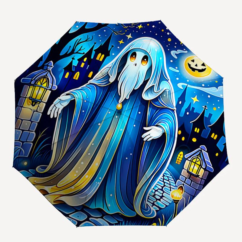 1ks Strašidelná noc Automatický skládací deštník - Design, Odolná železná konstrukce pro cestování, Venkovní použití, Plážový módní doplněk a0920013