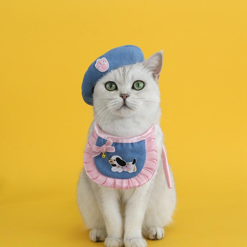 

Cat Beret Suit Adjustable Flower Cat Dog Pearl Bow Bib Woven Pet Saliva Towel Wedding Party Bowknot Embroidery Princess Suit