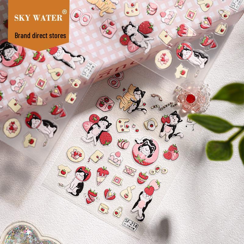 SKY 6D Embossed Strawberry Graffiti Cat Nail & Luggage Stickers