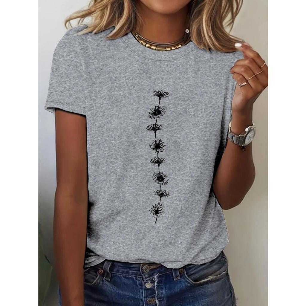 Summer Round Neck Simple Flower Pattern 3D Print Top Fashionable Casual Short Sleeved Women's T-shirts
