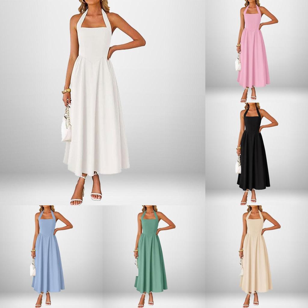 Polyester Sleeveless Backless Dress With Ties For Casual Spring Office Wear