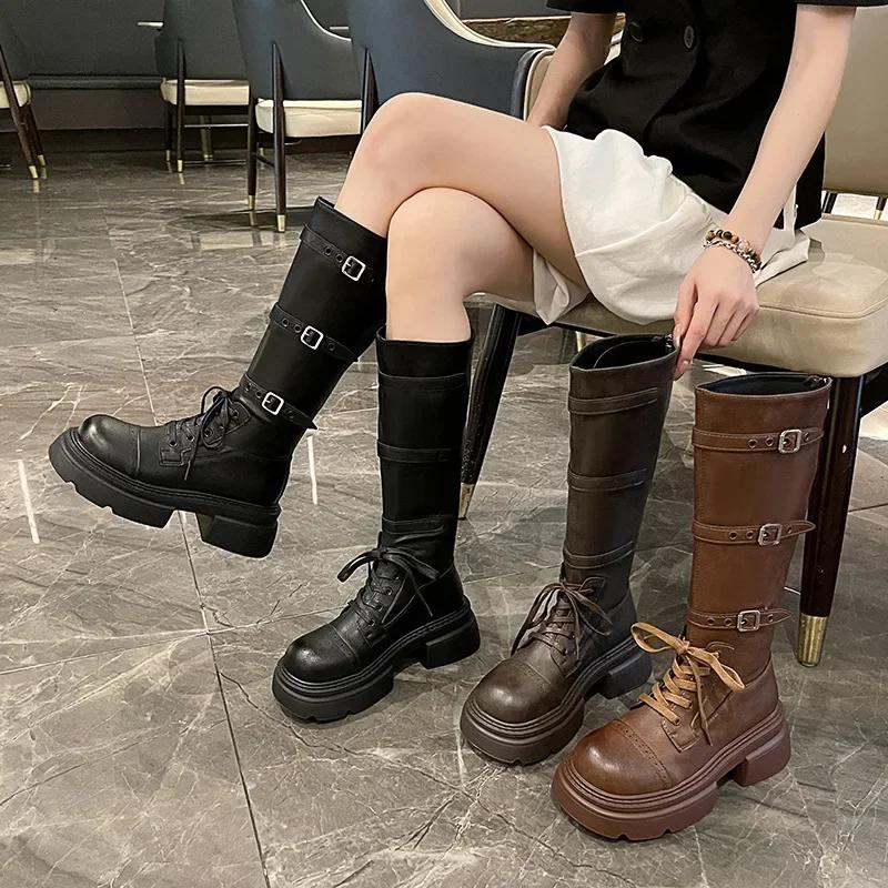 Fashion Fashion Punk Metal Buckle Platform Leather Knight Boots Shoes for Women Designer Soft-soled Autumn Witner Women Knee-high Boots