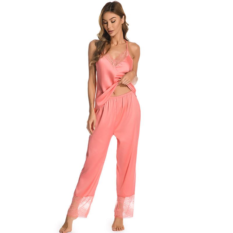 European and American ice silk suspender trousers summer thin women's loungewear pajamas set women's sexy underwear