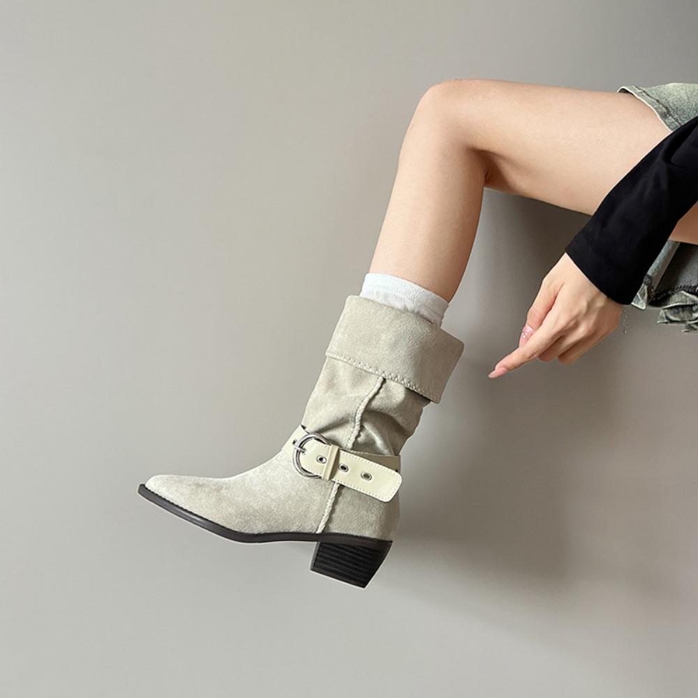 Women's High Boots Suede Retro Two-wear Medium Tube Pointed Boots Women's New Autumn Thick Heel Medium Heel Pleated Cowboy Boots