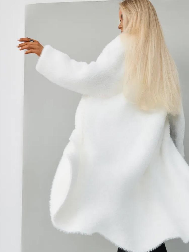 Women's White Imitation Mink Knit Cardigan Coat - Fluffy, Loose, Long, Perfect for Autumn and Winter