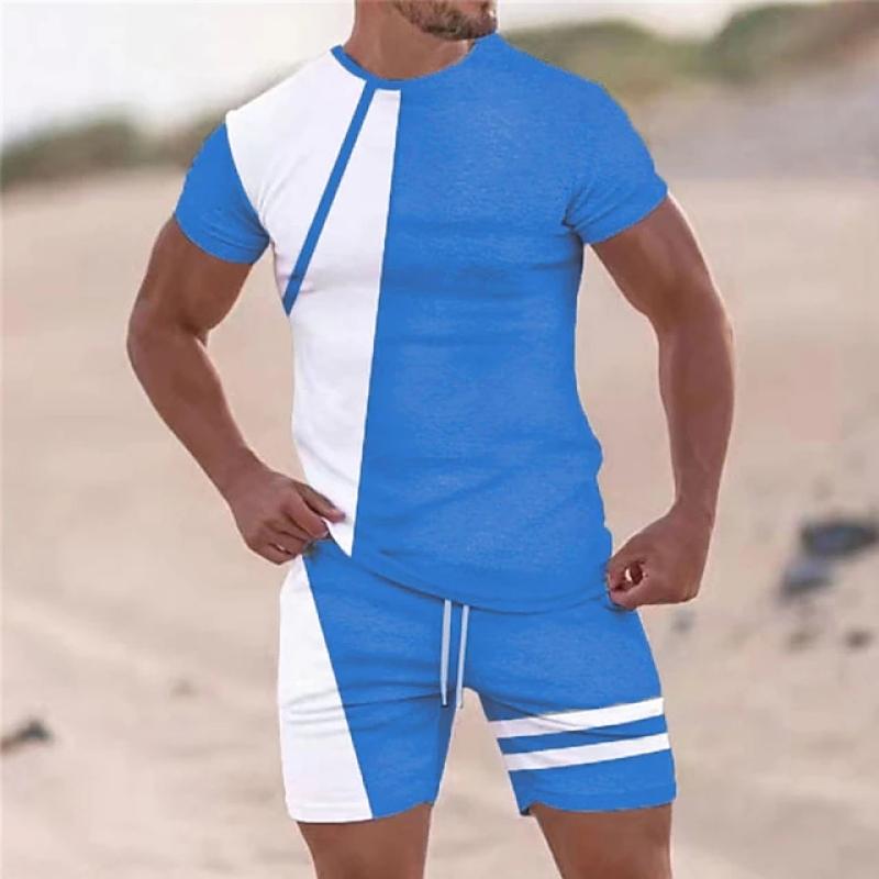 Men Clothes T-shirt Suits Tracksuit Color Block Crew Neck Outdoor Street Short Sleeve 2pcs Apparel Spring and Summer