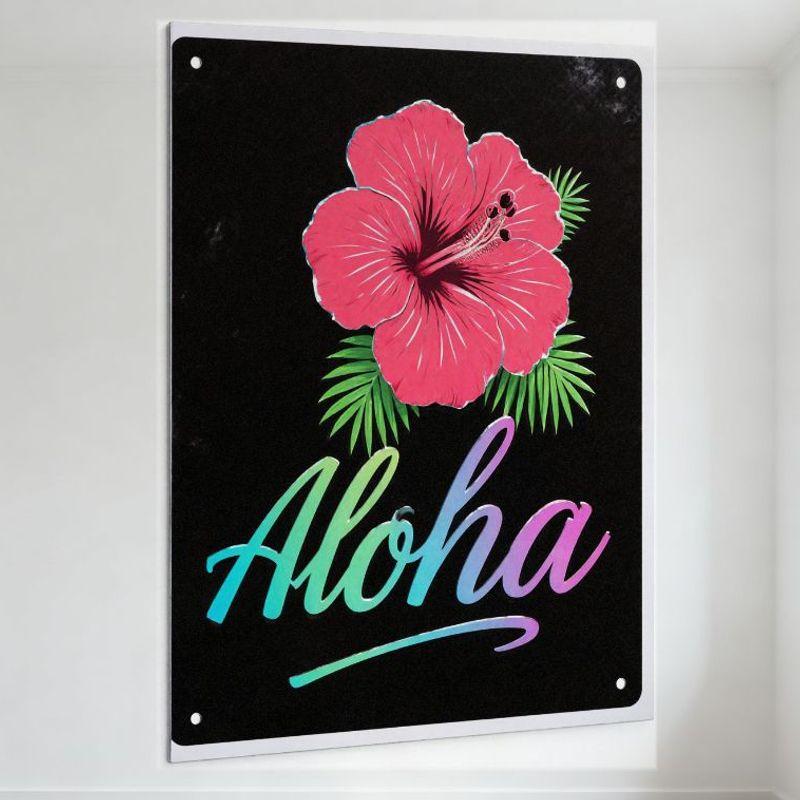 

Vintage Retro Tropical Hibiscus Aloha Metal Tin Sign for Bar Cafe Home Decor Hawaiian Floral Wall Art with Palm Leaves 20x30cm（7.8x11.8inch）