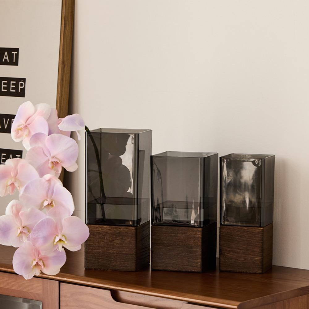 Wooden Base Acrylic Flowers Vase Transparent Light Luxury Vase Simple Hydroponic Vase  Living Room