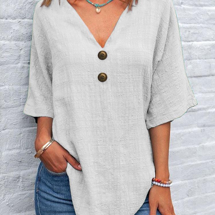 

V-образный вырез на пуговицах с короткими рукавами, модная повседневная футболка для женщин XXL белый