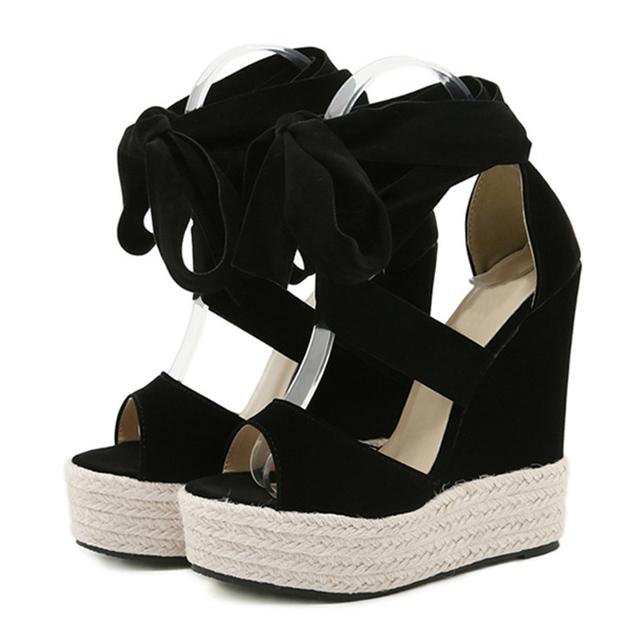 

Новые брендовые сандалии Roma, женские летние туфли на танкетке с открытым носком и ремешком на щиколотке, модные туфли на платформе с плетением из соломенной веревки, шлепанцы 37 чёрный