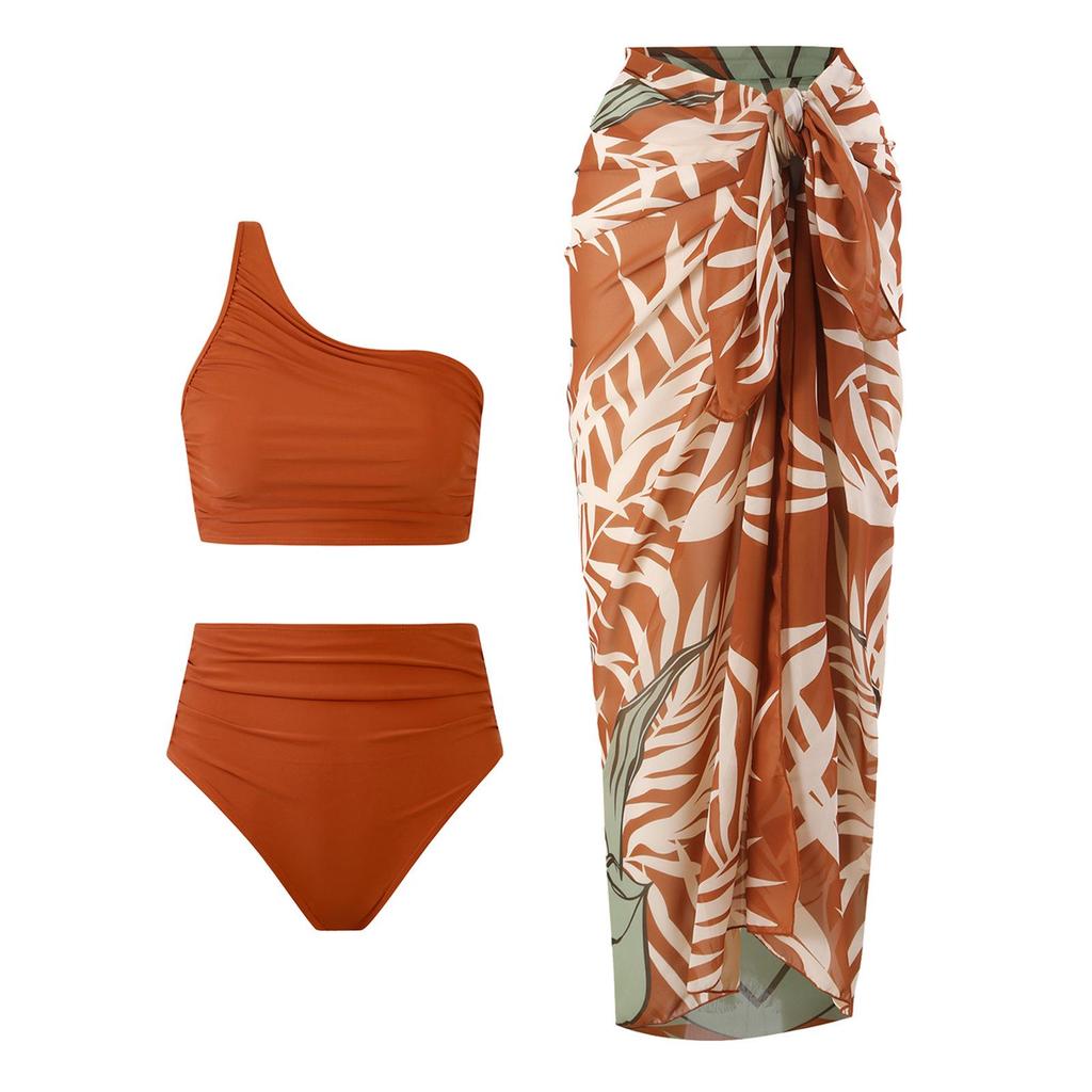 European & American One-Shoulder Split Swimsuit with Chiffon Skirt Set