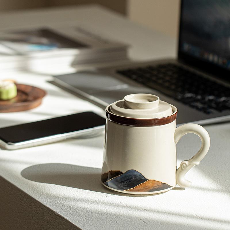 Mountains and rivers tea separation tea cup ceramic mug with lid wooden handle filter tea tea cup office