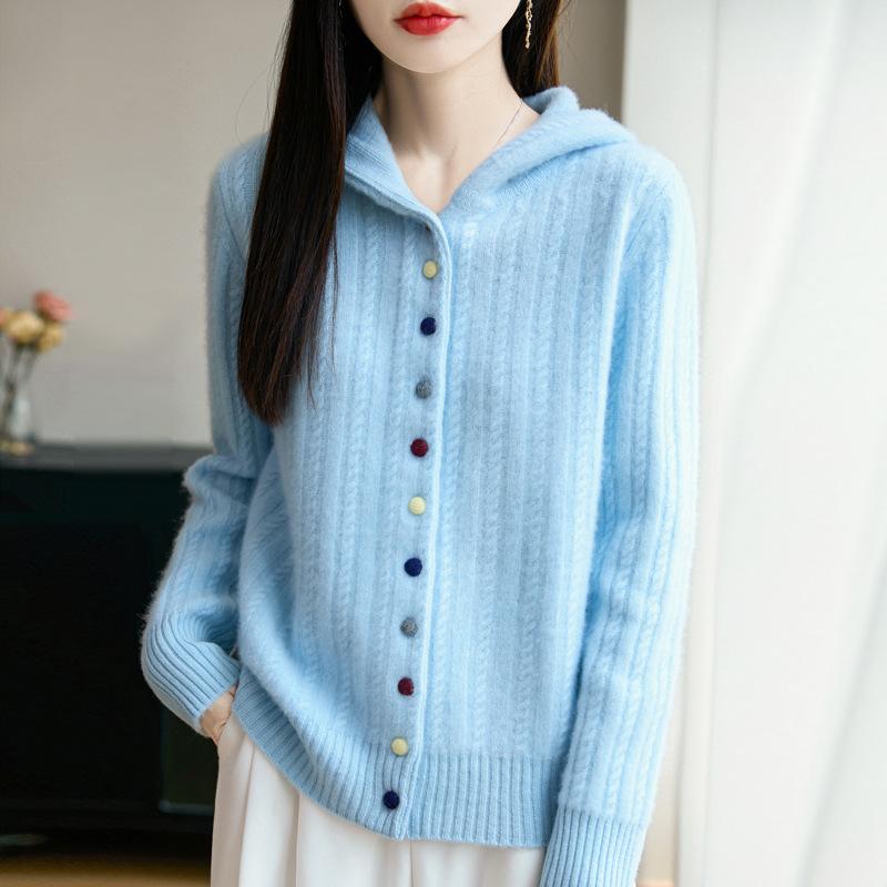 Autumn And Winter New Thickened Hooded Wool Cardigan Women'S Twisted Flower Simple Casual Lazy Wind Knitted Sweater Jacket
