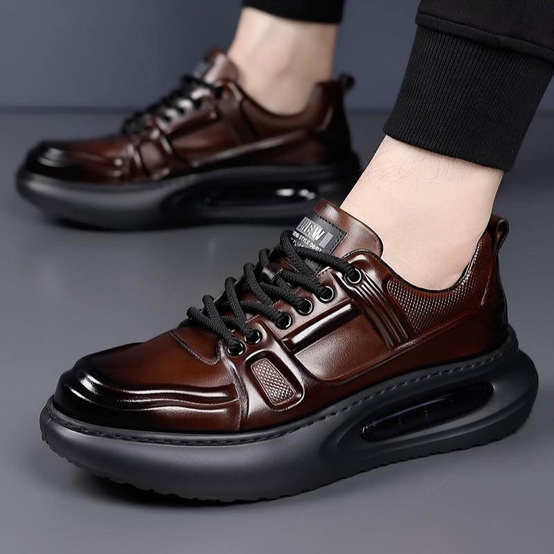 Mens Genuine Leather Casual Shoes With Thick Sole Height Increasing Comfortable Breathable Round Toe Lace Up