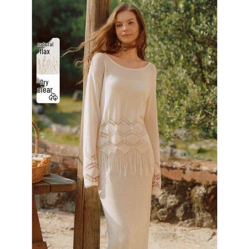 ELLE Women s Tassel Linen Blend Knit Sweater L