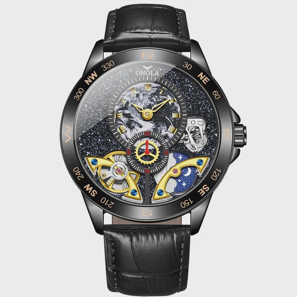 Luxury Double Tourbillon Mechanical Watch Men Business Leather Starry Sky Dial Waterproof Men Automatic Watch