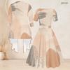 Women Plus Size Printed Two Piece Set Square Neck Short Sleeve Tie Waist Flared Dress 3 4 Sleeve Cardigan