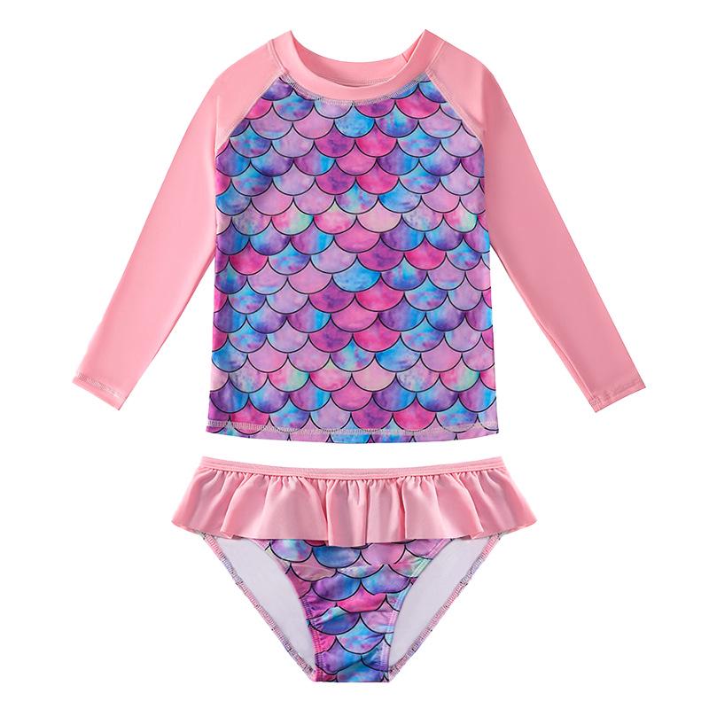 Girls' Long Sleeve Fish Scale Swimsuit Set with Sunscreen Protection
