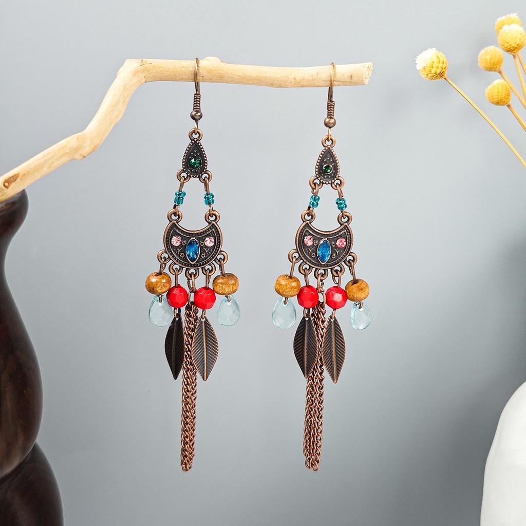 Turquoise Bohemian Owl Feather Tassel Earrings - Bronze Geometric Carved Design with Palm and Dreamcatcher Elements