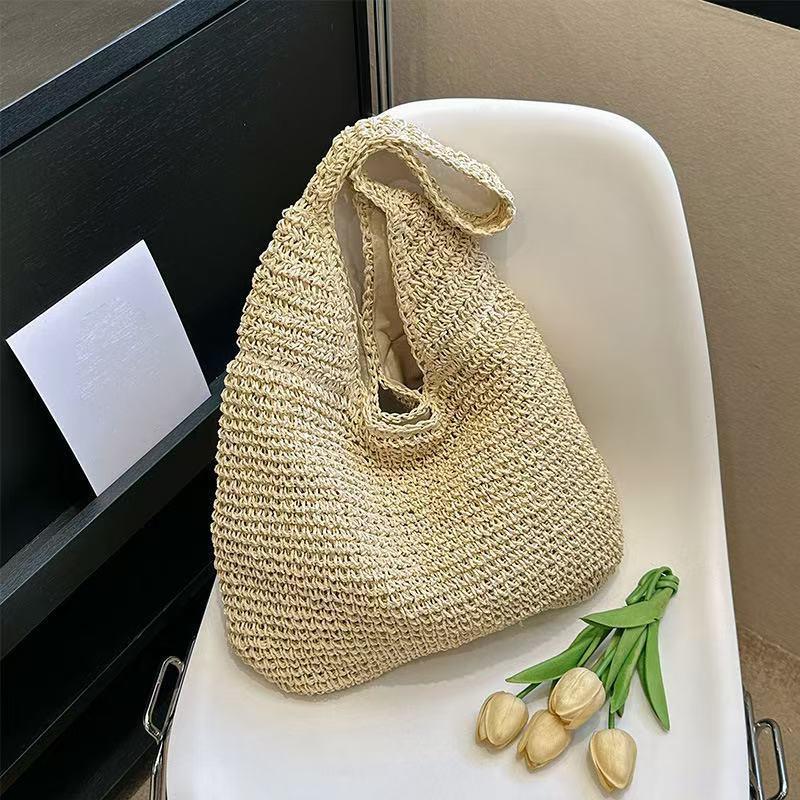 Yogodlns New Grass Women Travel Beach Bags Single Handle Shoulder Bags Grass Large Capacity Tote Bag Hand Woven Bag for Women