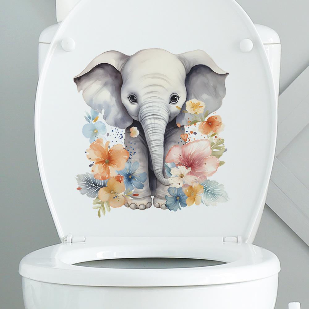 Playful Hand Painted Elephant with Flowers Toilet and Wall Sticker Set Waterproof Self-Adhesive Removable Decal for Bathroom WC Decoration
