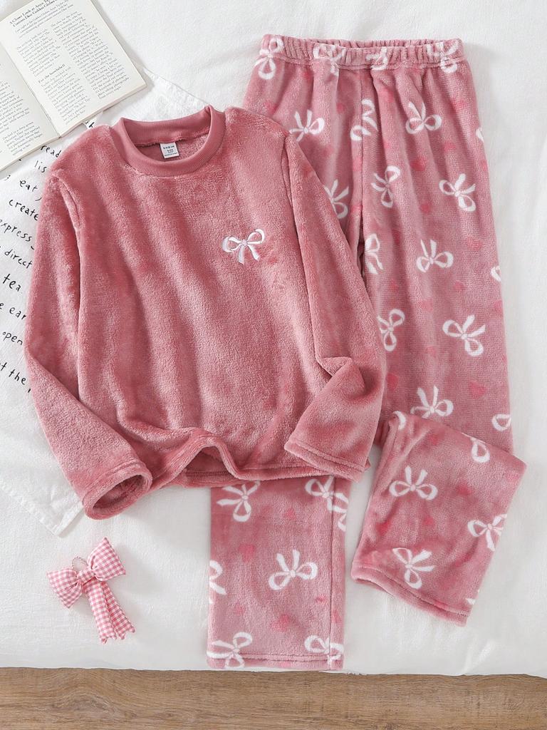 Girls' White Bow Decor Pink Long Sleeve Top & Butterfly Print Plush Pants Pajama Set,Cute Soft Winter Sleep Lounge Set For Tweens Comfy Sweat Sets