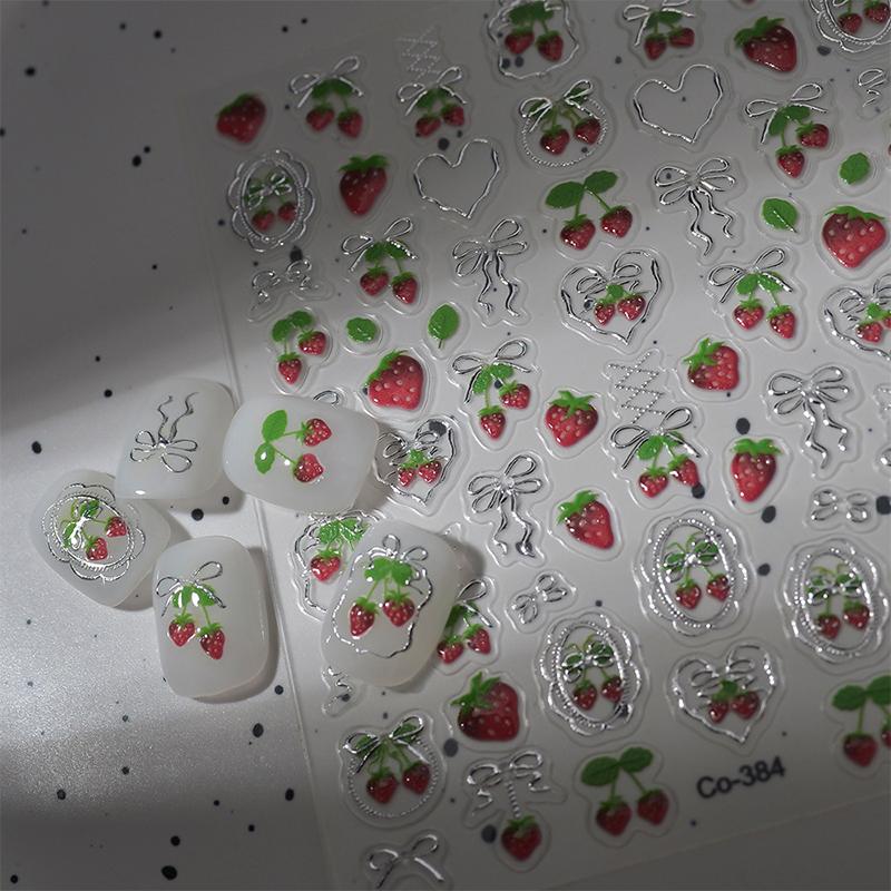 1 Sheet Chic Self Adhesive Manicure Decal Lovely Red Fruit Strawberry Bowknot 5D Nail Art Stickers Diy Accessories