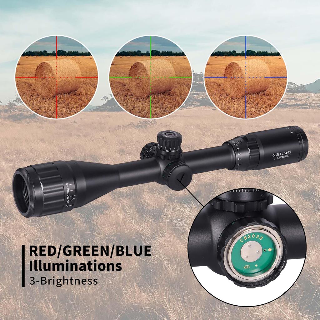 Goetland 3-12x40 AO Riflescope with Variable Magnification, Red, Green, and Blue Illuminated Reticle and Crosshairs, SFP Optical Sight for Airsoft,