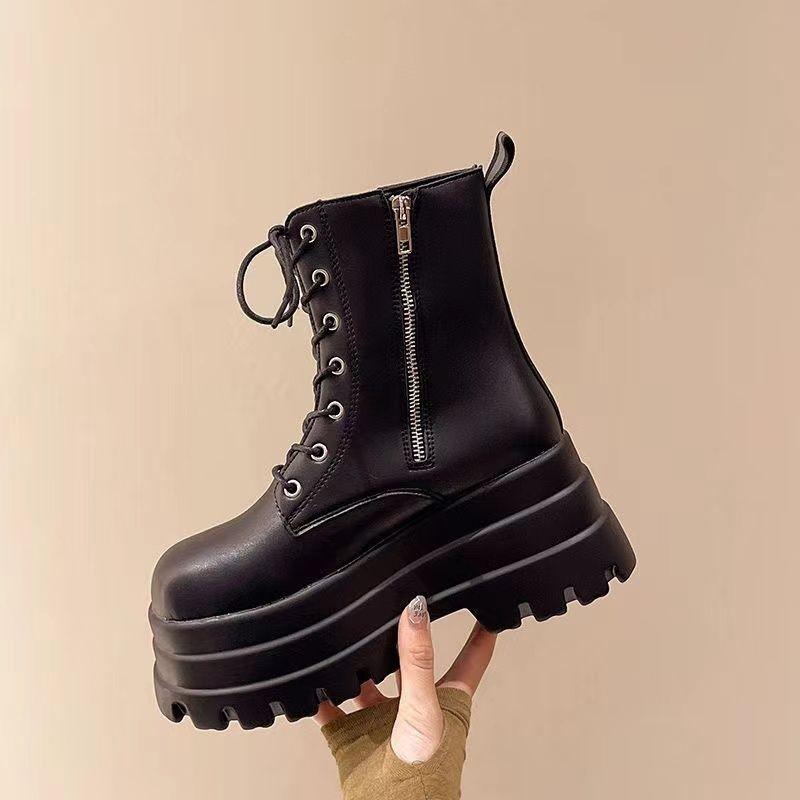 Increase the Height and Show the Legs, Thin Platform Shoes 2025 Autumn British Style Thick-soled Lace-up New Short Boots, Soft Leather Short F