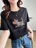 Korean Cute Graffiti Puppy Print Plus Size Women's Round Neck T-Shirt, Short Sleeve, Loose Fit