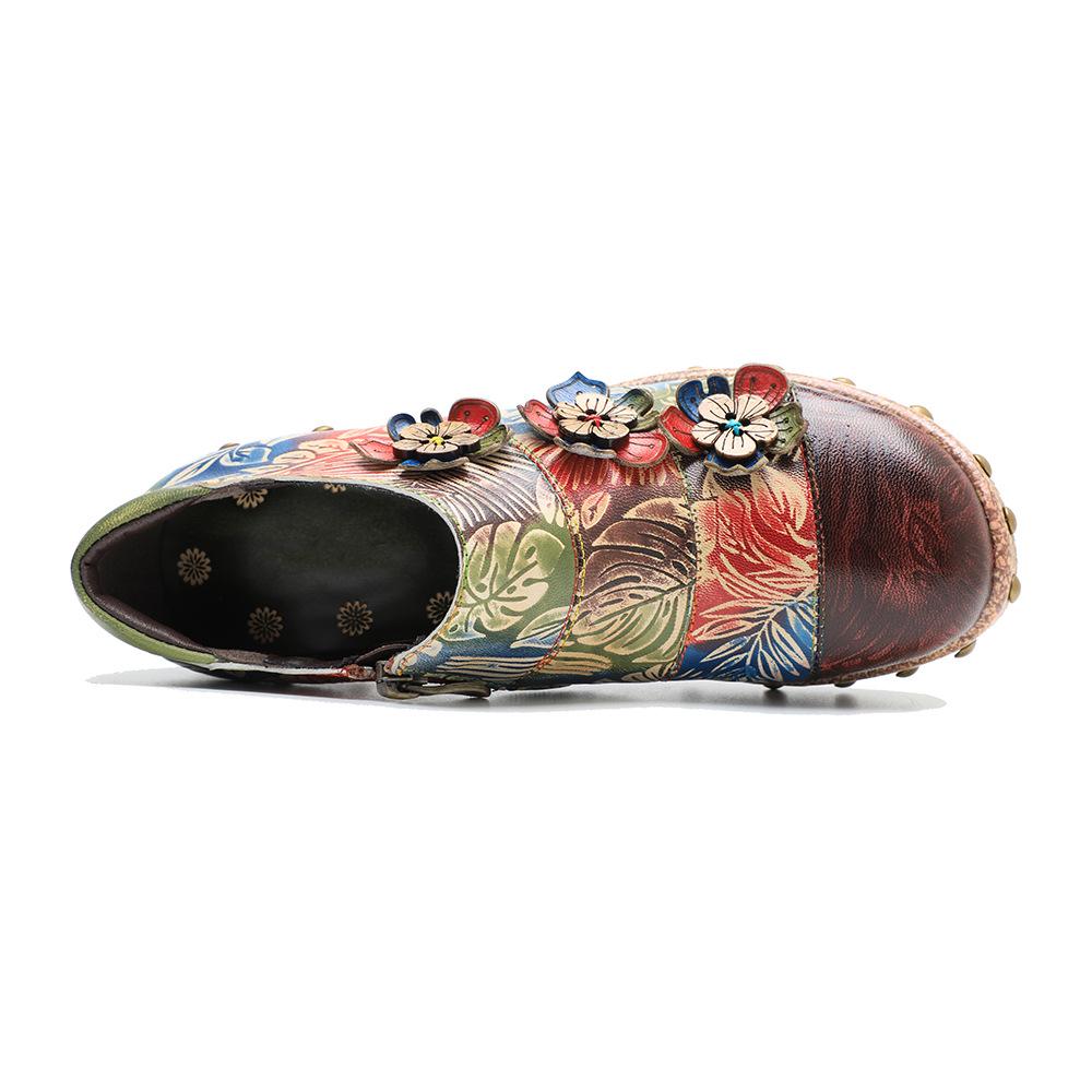 Johnature Zapatos de tacón pintados a mano de cuero genuino para mujer, zapatos de tacón alto con plataforma cómodos Flor Retro