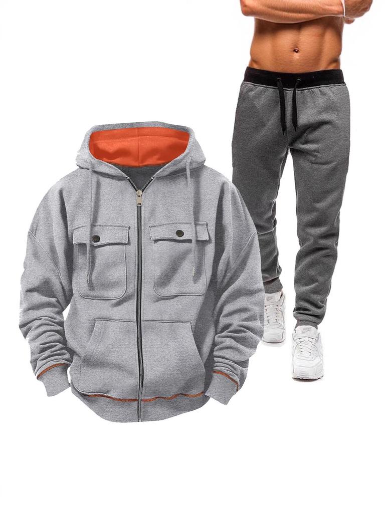 Men's European Size Hooded Sweatshirt Set: Zip-Up Fleece-Lined Jacket with Double Pockets for Sports and Casual Wear.