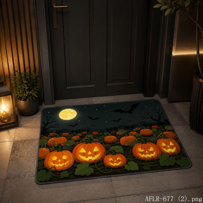 Halloween Bat Pumpkin Round Moon Door Mat Gothic Non-Slip Entry Rug Spooky Floor Carpet Home Decor