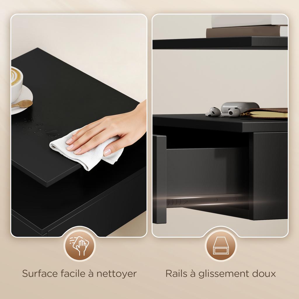 Set of 2 Wall-Mounted Nightstands, Drawer and Open Shelf, 35x32x22.5 cm, Black
