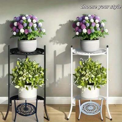 2-Tier Metal Plant Stand 19.69 Inch Tall, Indoor/Outdoor Multi-Purpose Flower Pot Display Rack, Black/White Modern Style Sturdy Easy Assembly