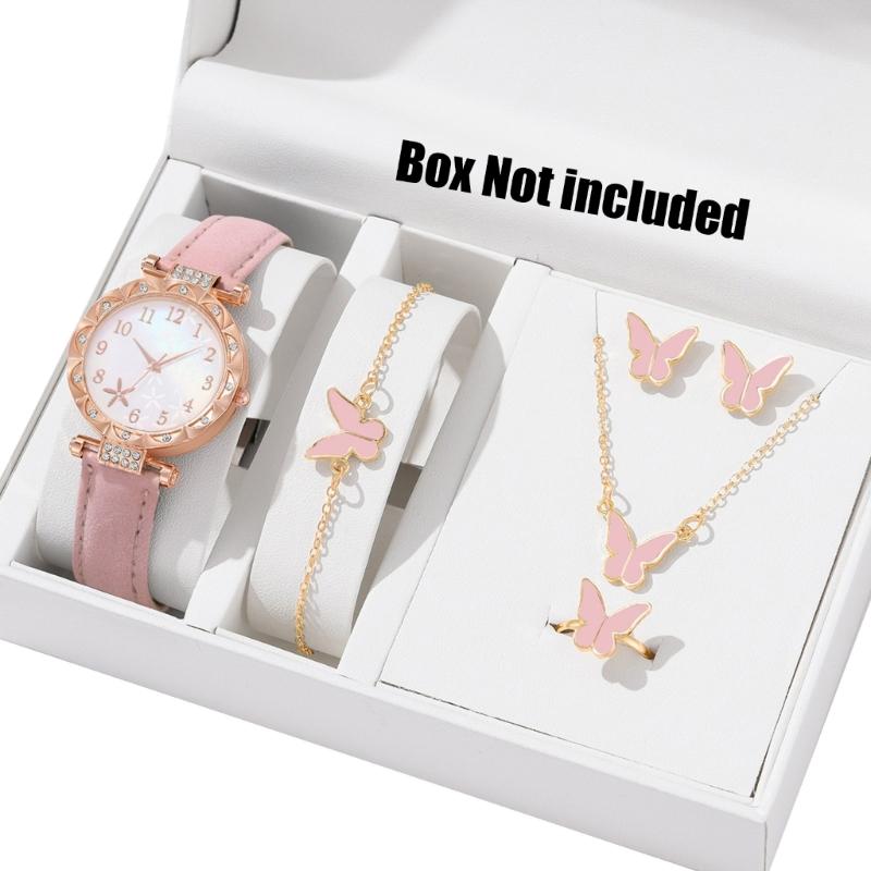 Stylish Watch with Matching Pendant Necklace Chain Bracelet Rings Butterfly Studs Earrings Jewelry Set Alloy Texture