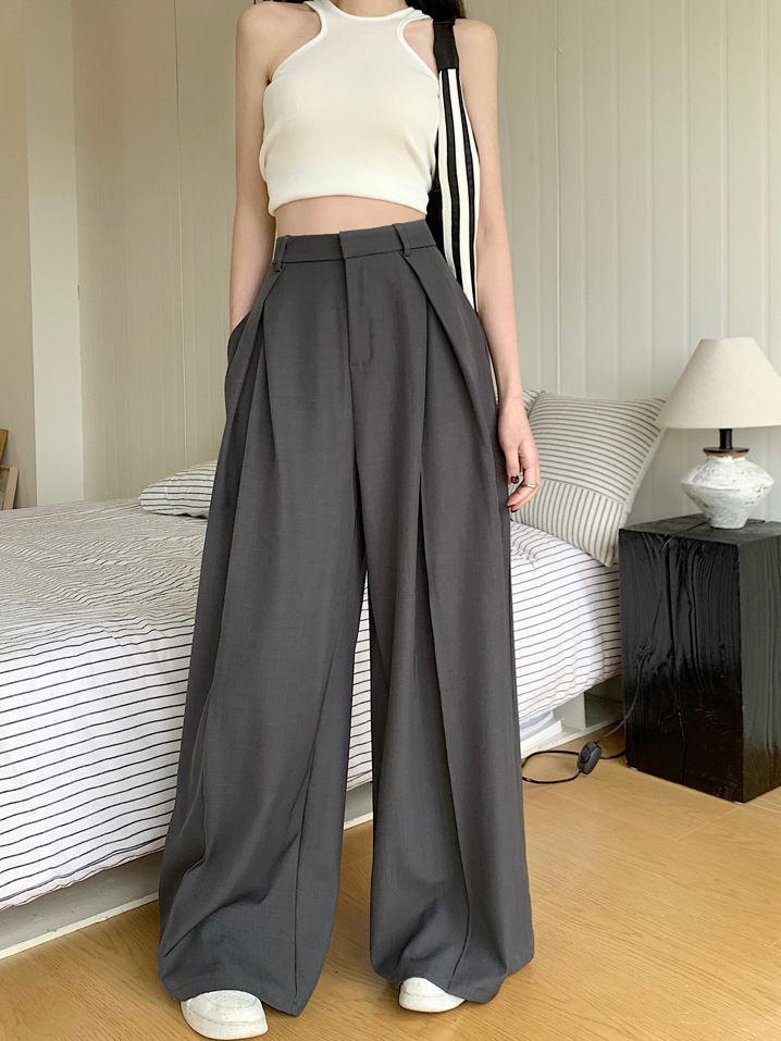 Gray High-Waisted Wide-Leg Women's Pants - Spring/Autumn Drapey Versatile Suit Pants, Loose and Slimming Casual Fit