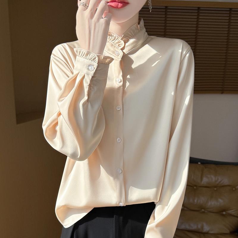 Design con colletto in pizzo a maniche lunghe in stile francese per primavera e autunno, top ampio di nicchia, camicia in stile artistico per donna