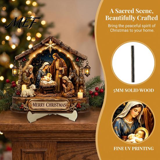 Durable Wood Nativity Set Scene Wooden Tabletop Sign, Christmas Manger Holy Family Figurine Decor, for Table Decor Religious Xmas Desktop Ornament,
