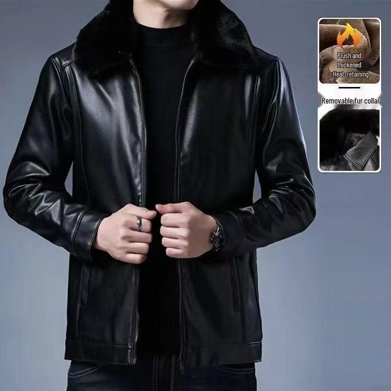 Men's Leather Jacket for Mid-Aged & Elderly: Fleece-Lined, Thickened, Windproof, Detachable Fur Collar, Winter Warmth for Dad.