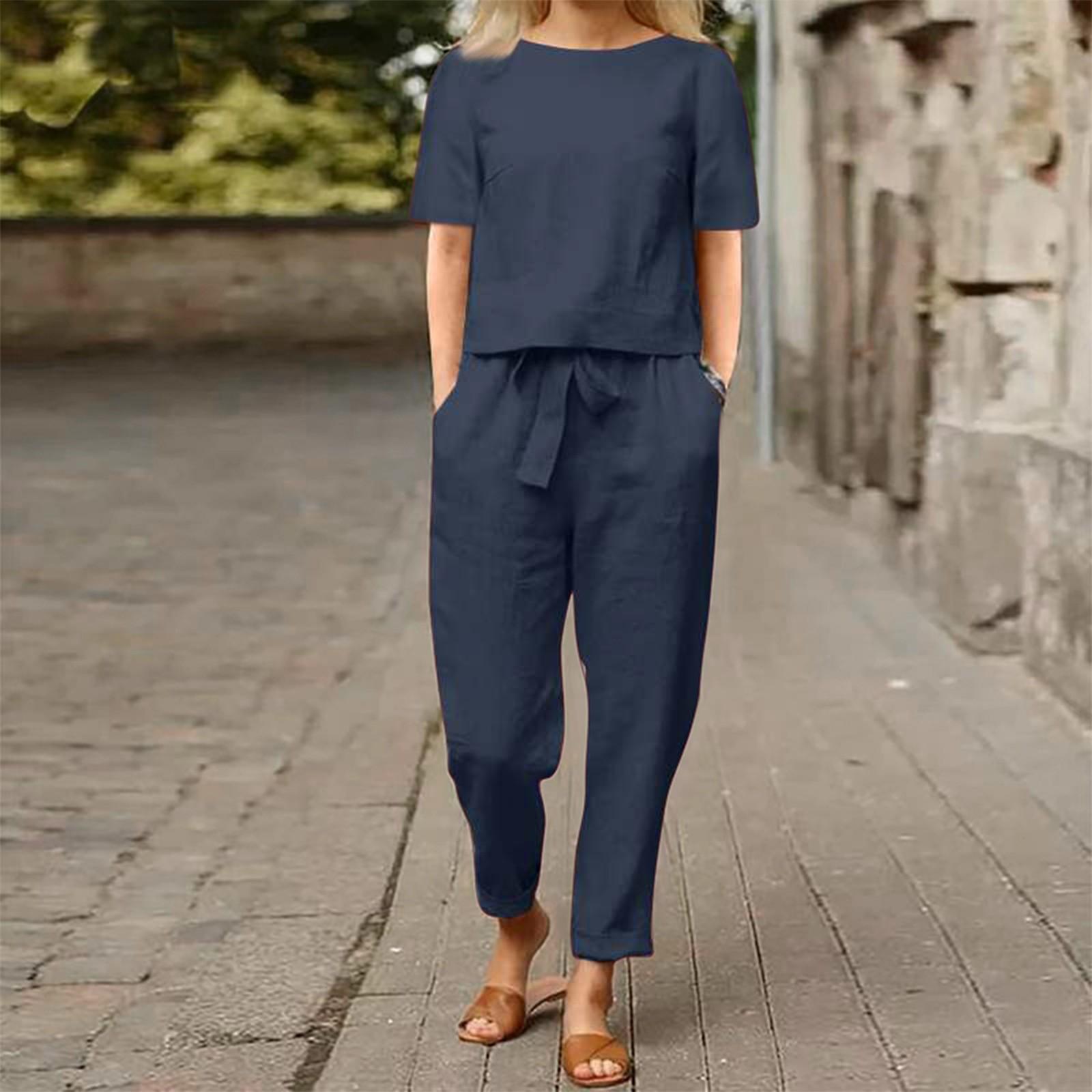 

Women s Fashion Colour Casual Suit Loose Round Neck Top Long Pants Set S