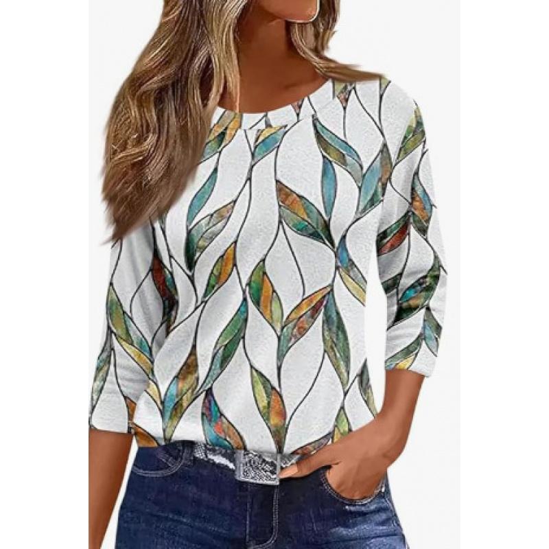 Spring and Summer New Women's Slim Fit Imitation Cotton Round Neck Printed Solid Color Three-quarter Sleeve Long Sleeve