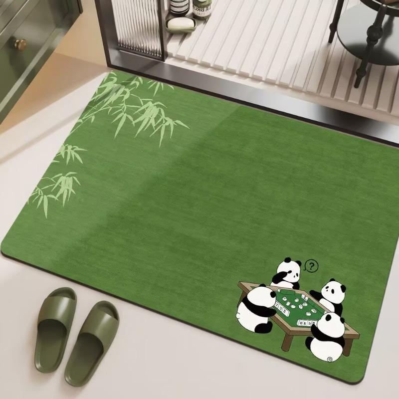 Chinese Style Green Panda Bathroom Carpet Entrance Door Drain Pad Anti Slip and Absorbent Rug Home Decorationon
