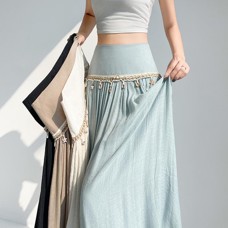 Summer Women Solid Linen Bohemian Ornaments Elastic Long Maxi Holiday Beach Skirt For Girl