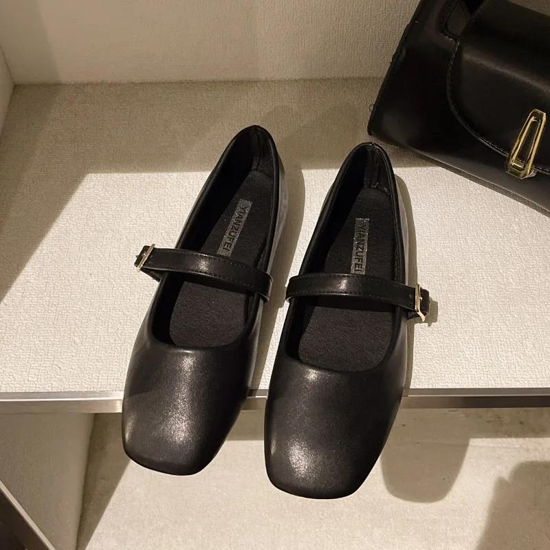 

Fashion Mary Jane Shoes Female Genuine Leather 2024 New Square Toe Snap Ballet Shoes Women Flat Cowhide Ladies Shoes 35