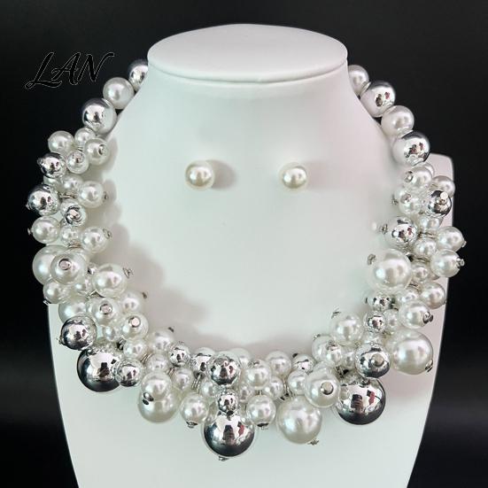 Faux Pearl Choker Necklace 1 Set Chunky Jewelry, Beaded And V-neck Accessory Earrings, Metallic for Women Dinner Parties Wedding Collarbone Enhancing
